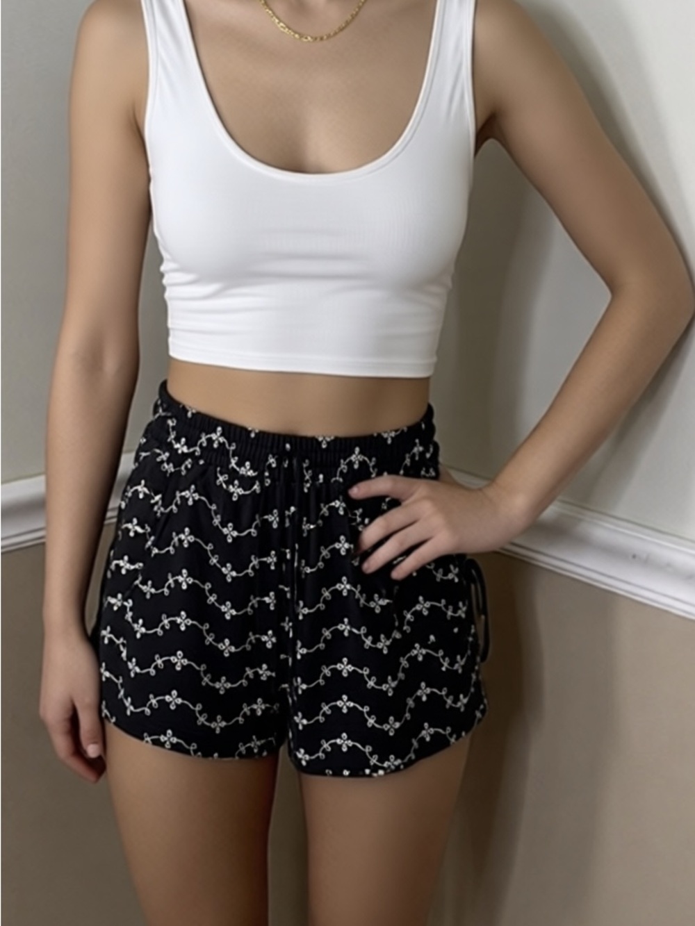 ASOS Black Shorts with White Embroidery and Drawstring